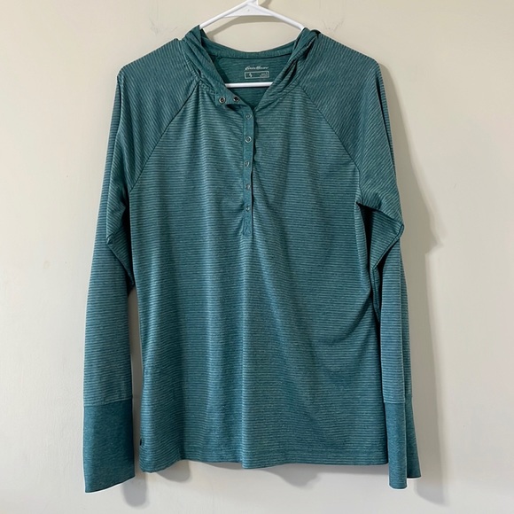Eddie Bauer Tops - Eddie Bauer Green Striped Long Sleeve Lightweight Pullover Hoodie Size L